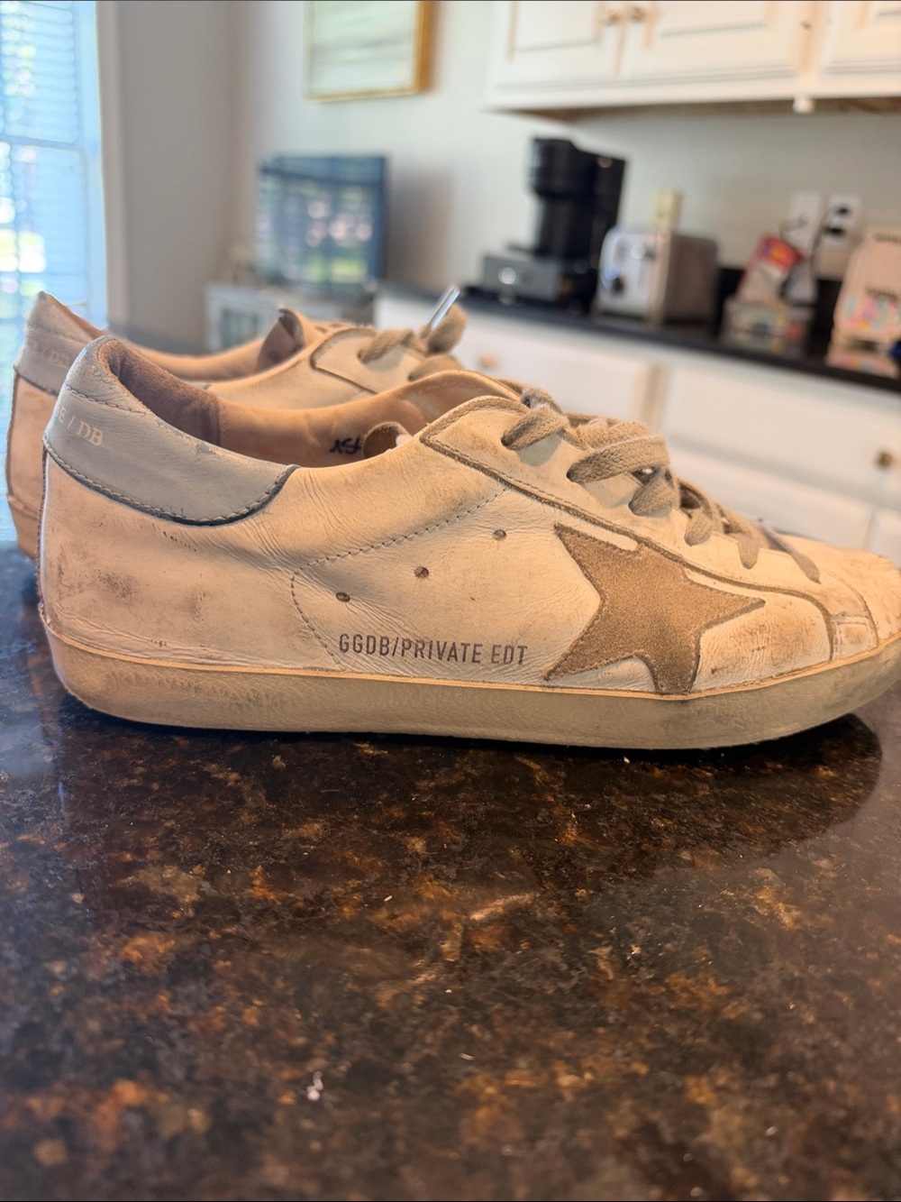 Golden Goose Women's White and Tan/ light blue Superstar Sneaker